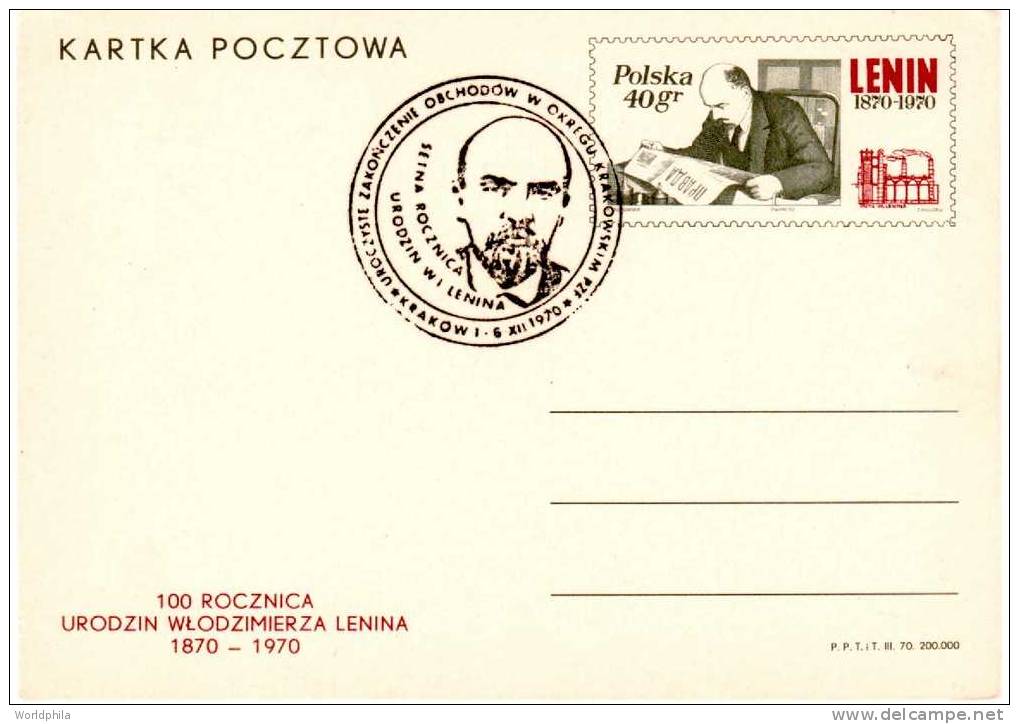 Polska - Polen - Pologne - Poland - "LENIN 100 Anniversary" - Special Postmark On A Postal Card 1970 - Lénine