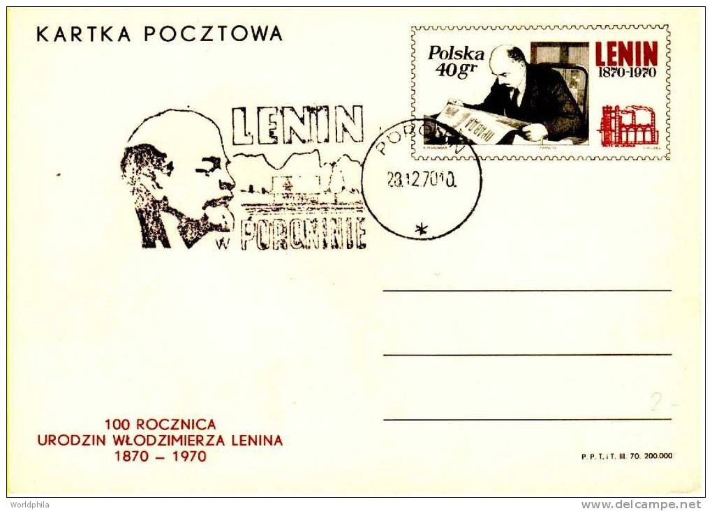 Polska - Polen - Pologne - Poland - "LENIN 100 Anniversary" - Special Postmark On A Postal Card 1970 - Lenin