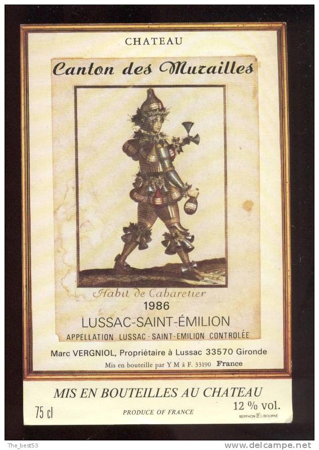 Etiquette De Vin Lussac Saint Emilion 1986  - Chateau Canton Des Murailles - Habit De Cabaretier - Beroepen