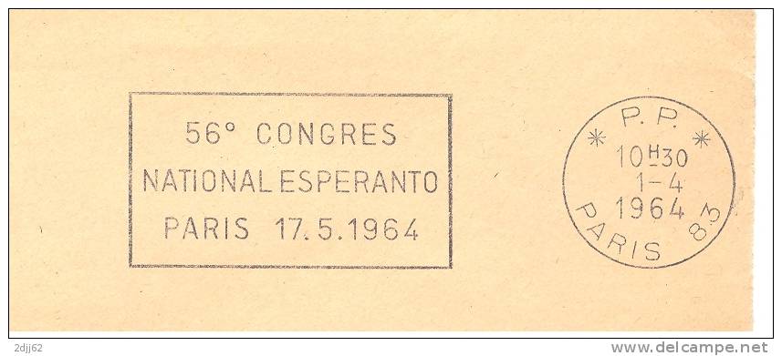 1964, Congrès, Paris - Flamme Secap En Port Payé - Devant D'enveloppe   (G301) - Esperanto