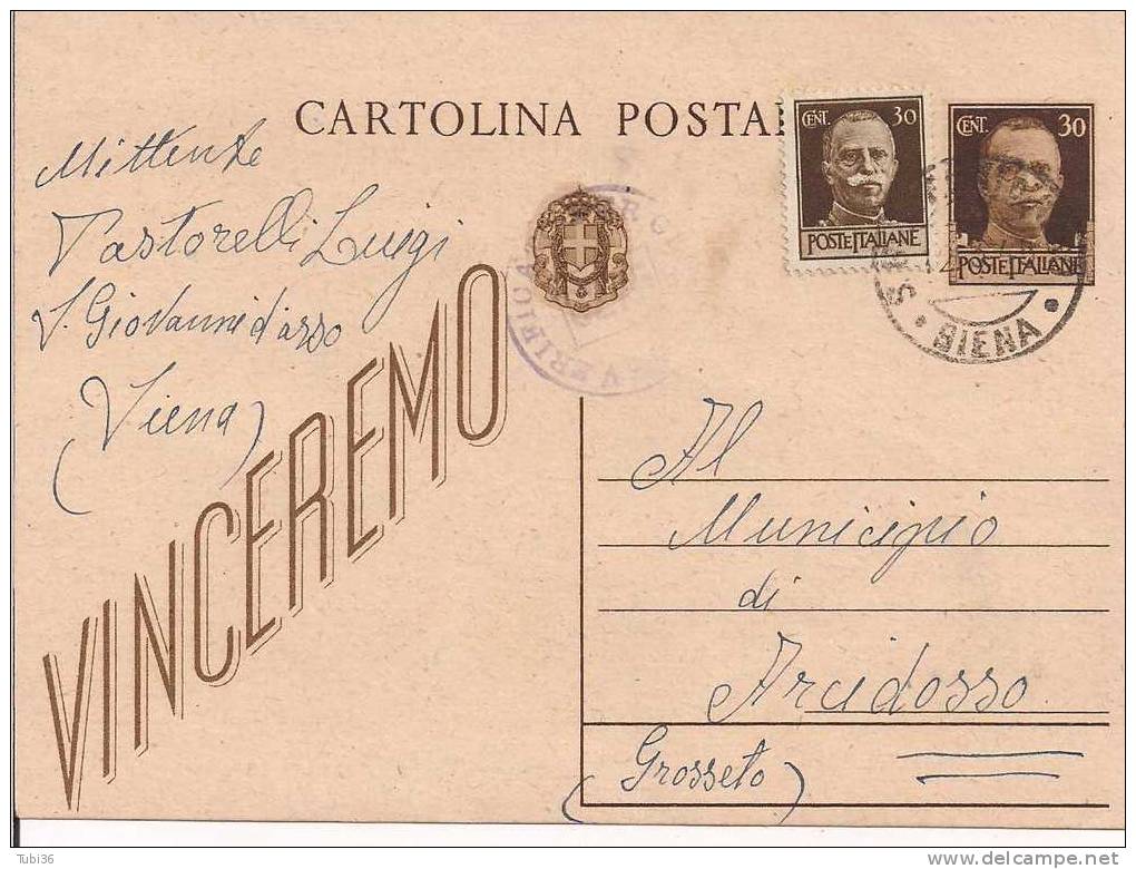 CARTOLINA POSTALE Cent..30+30 -VINCEREMO - VIAGGIATA  12/3/1945 - TIMBRO S. GIOVANNI D'ASSO SIENA  -VERIFICA  PER CENSUR - Interi Postali
