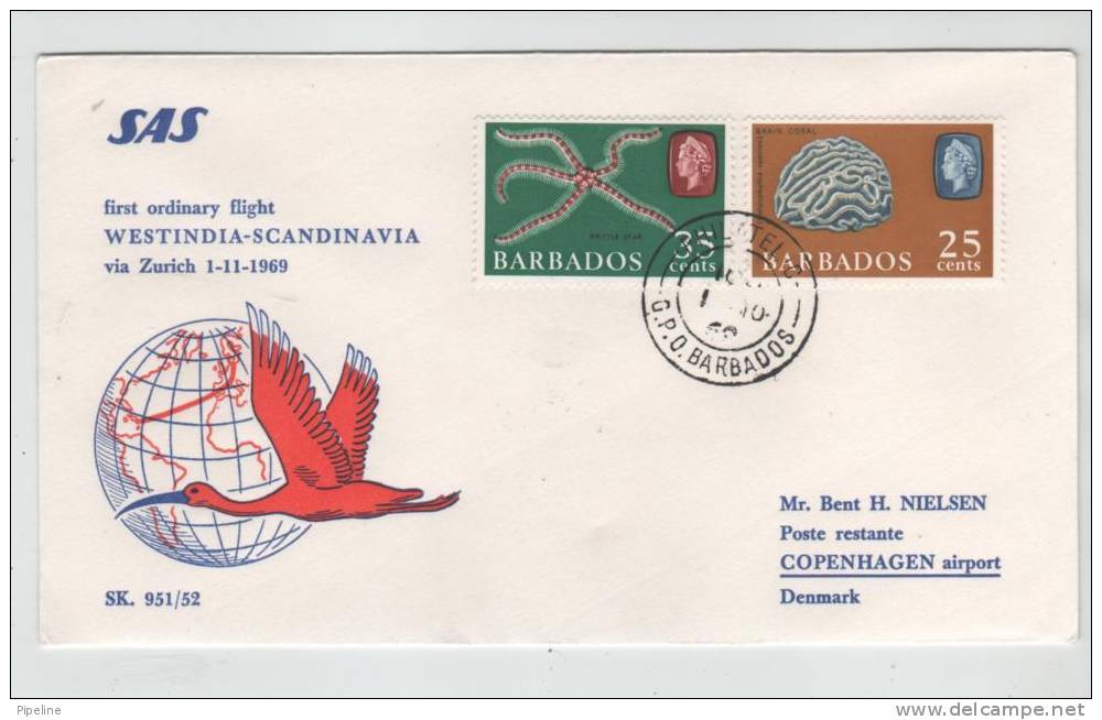 Barbados First SAS Ordinary Flight Westindia - Scandinavia Via Zürich 1-11-1969 - Barbados (1966-...)