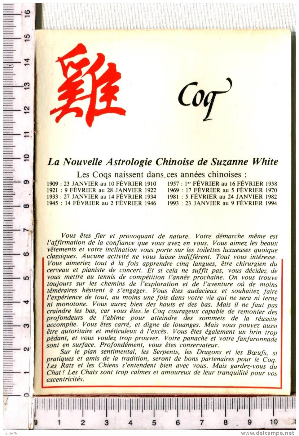 La NOUVELLE ASTROLOGIE CHINOISE De Suzanne WHITE -  1982 - COQ - Astrologie