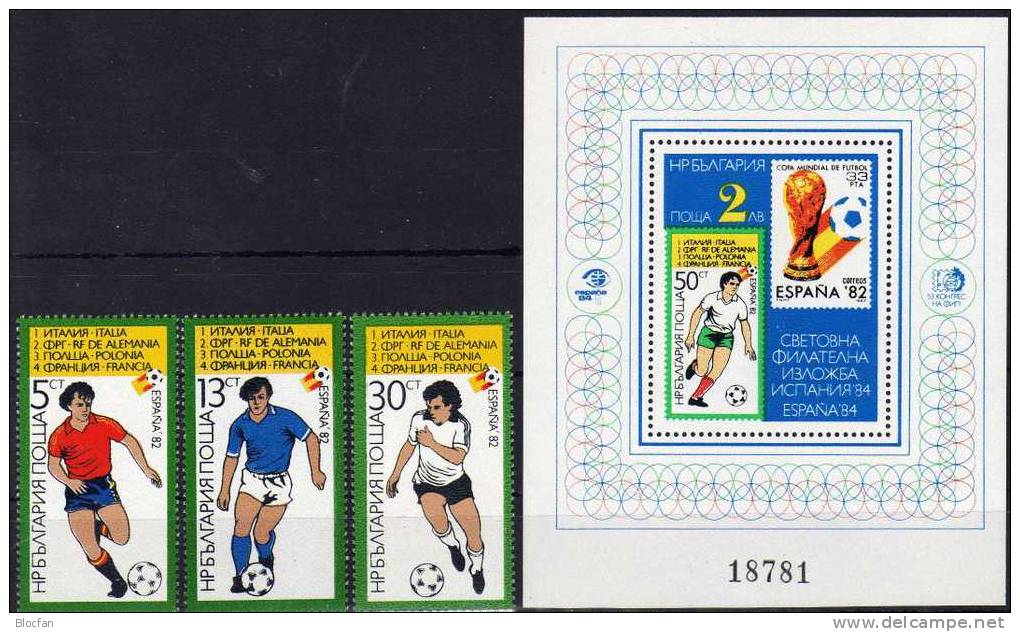 Fussball Zur Ausstellung Espana 1984 Bulgarien 3127/9+Block 141 ** 23€ Stamp On Stamp BG #3130 E #2533 Sheet Bf BULGARIA - Airmail