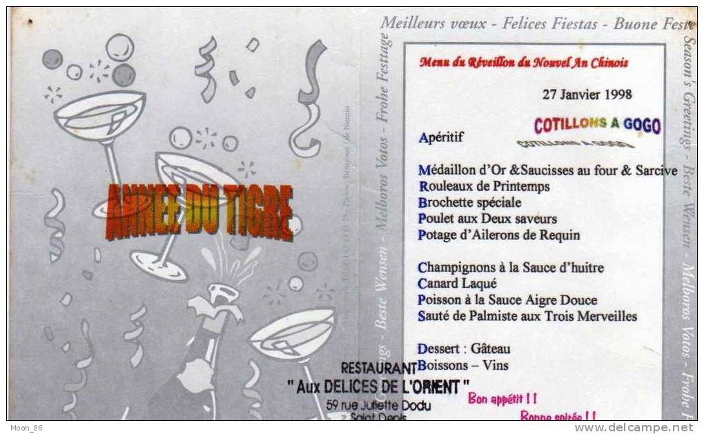 974 LA REUNION - CARTE DE NOUVEL AN CHINOIS ANNE DU TIGRE NUMEROTE MENU DU RESTAURANT Aux Délices D'Orient - Saint Denis