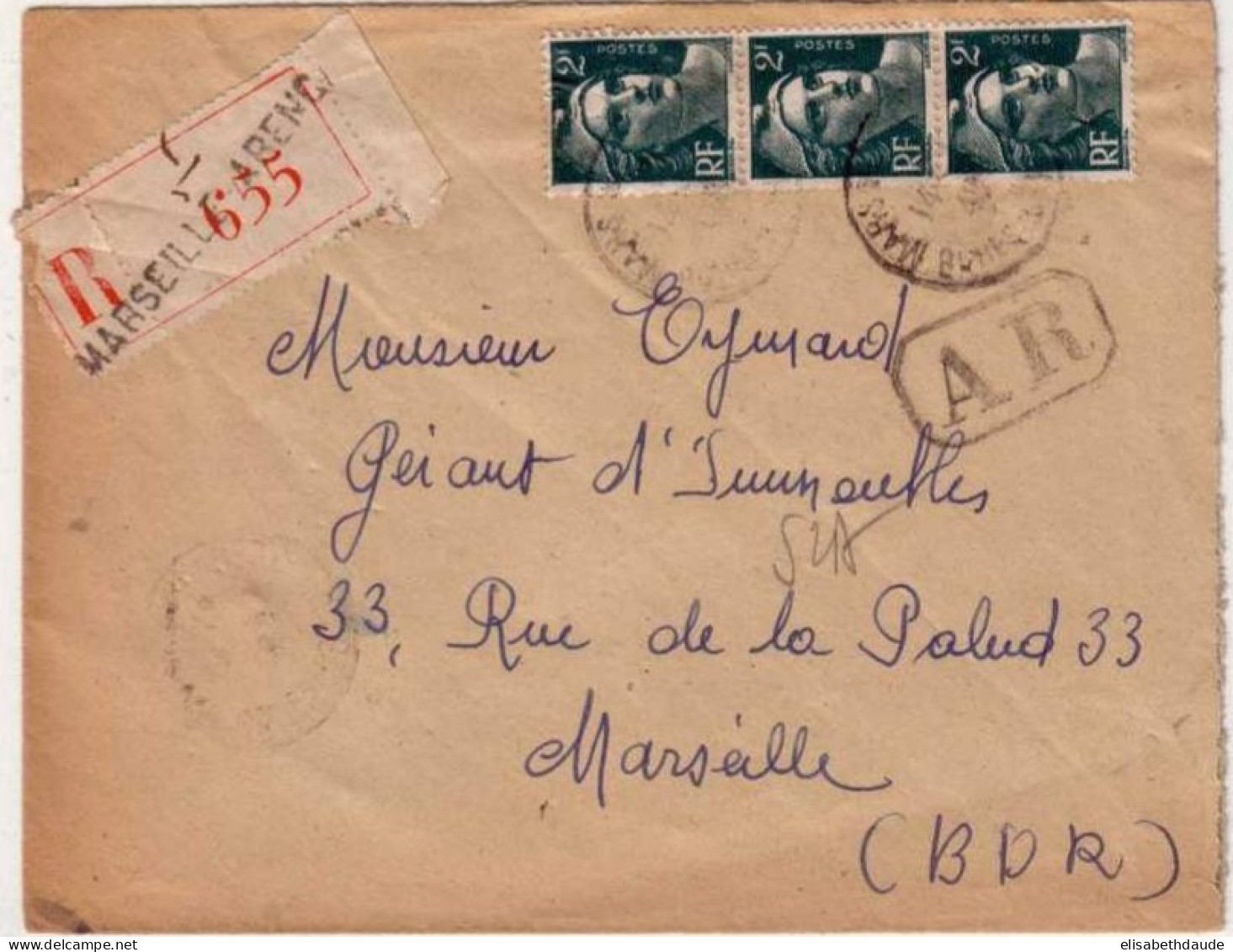 GANDON - Yvert N° 713a X3 Sur LETTRE RECOMMANDEE Avec AR De MARSEILLE (BOUCHES Du RHÔNE) - 1945 - 1945-54 Marianna Di Gandon