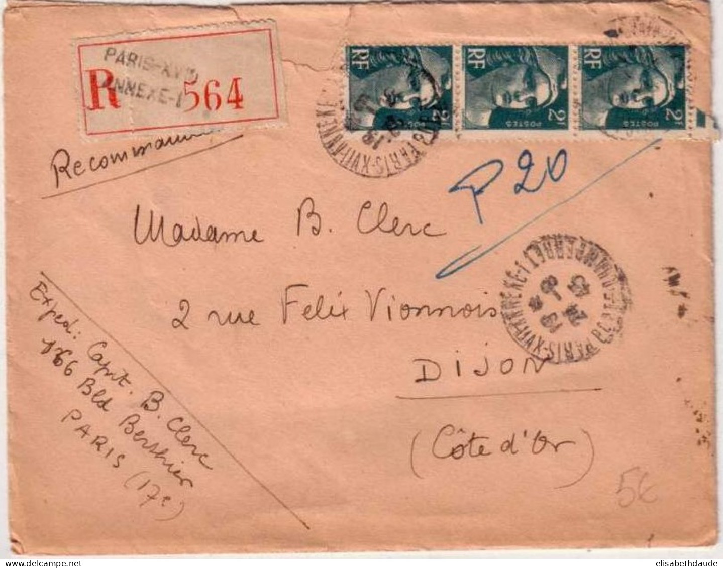 GANDON - Yvert N° 713 X3 Sur LETTRE RECOMMANDEE De PARIS XVII (ANNEXE I) Pour DIJON - 1945 - 1945-54 Marianne Of Gandon