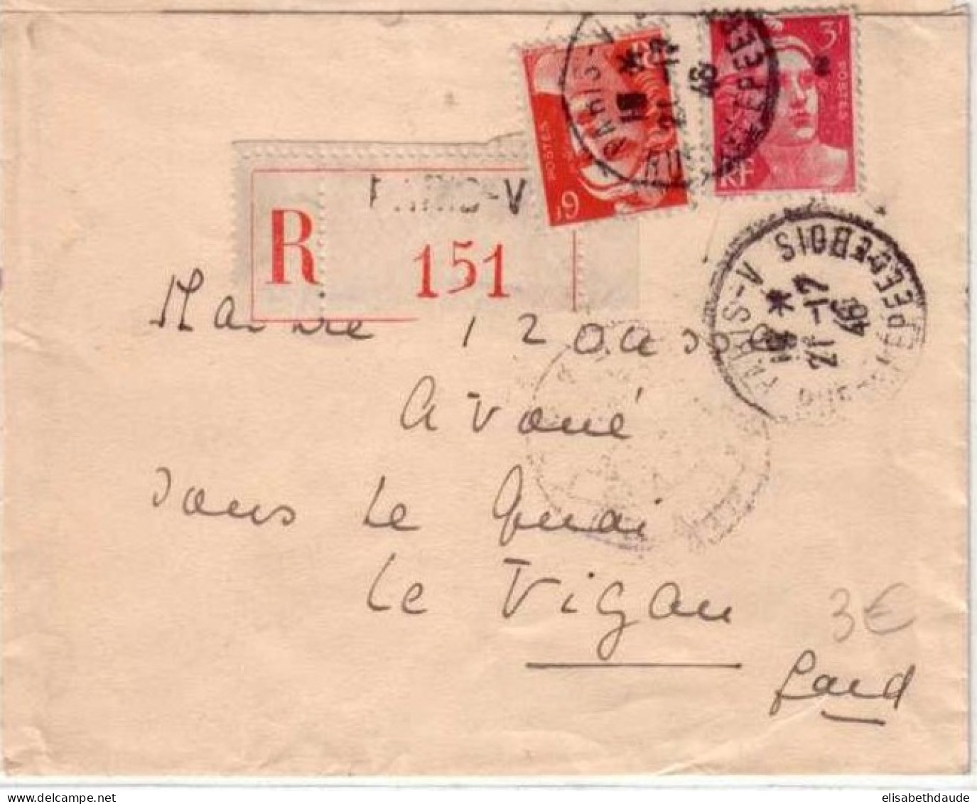 GANDON -Yvert N° 721+716 Sur LETTRE RECOMMANDEE De PARIS (V) Pour LE VIGAN (GARD) -1946 - 1945-54 Marianne De Gandon