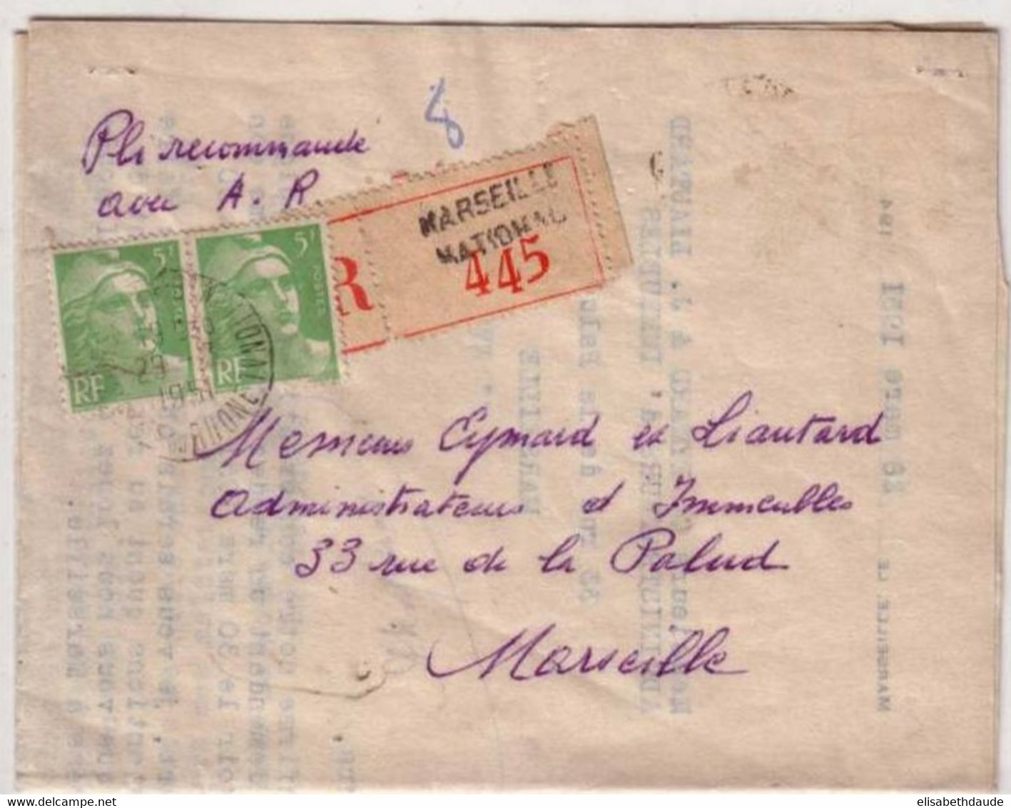 GANDON  -Yvert N°809 X 2  Sur LETTRE RECOMMANDEE Avec AR De MARSEILLE NATIONAL (BDR) -1951 - 1945-54 Marianne De Gandon