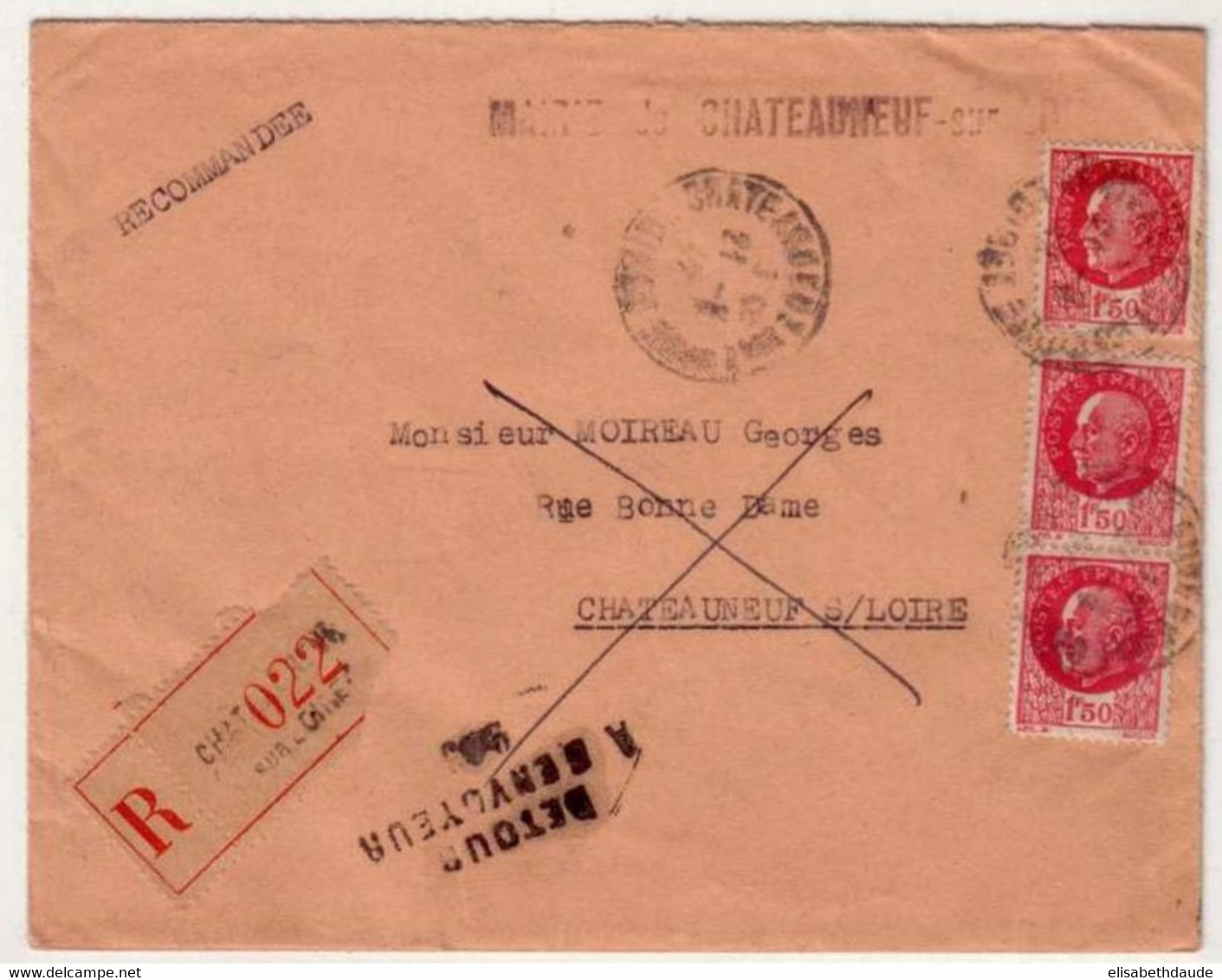 PETAIN - Yvert N°516 X 3 Sur LETTRE RECOMMANDEE  De CHATEAUNEUF Sur LOIRE (LOIRET)  - 1942 - RETOUR à L'ENVOYEUR - 1941-42 Pétain