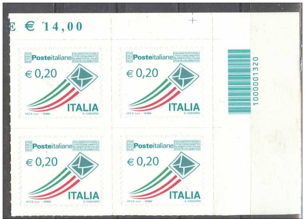 ITALIA ITALY STAMPS  2009 PRIORITARIA 0,20 IN QUARTINA  CON CODICE A BARRE ** NUOVA GOMMA INTEGRA MNH ITALIA - 2001-10: Mint/hinged