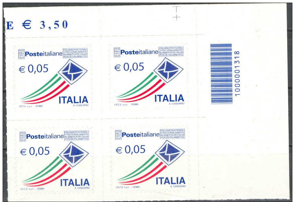 ITALIA ITALY STAMPS  2009 ORDINARIA DA 0,05   IN  QUARTINA CON CODICE A BARRE ** NUOVO GOMMA INTEGRA MNH ITALIA - 2001-10: Mint/hinged