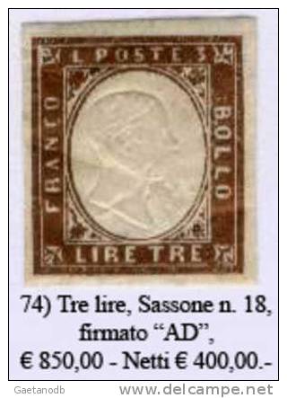 Sardegna-074 - Sassone: N. 18 (+) - Siglato "AD" - Privo Di Difetti Occulti. - Sardaigne