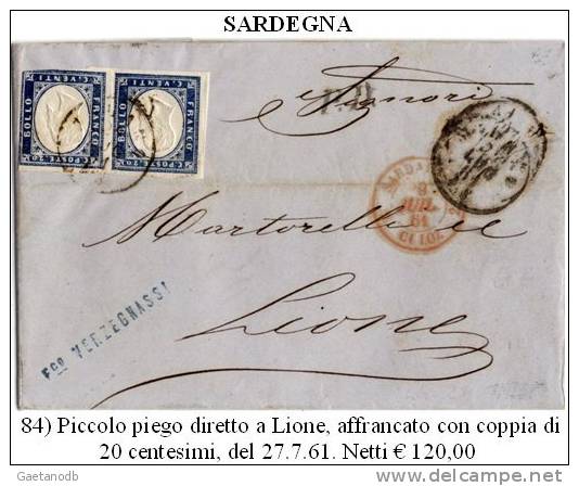 Sardegna-084- Piego Con Coppia Di 20 Centesimi, Da Milano A Lione. - Sardaigne