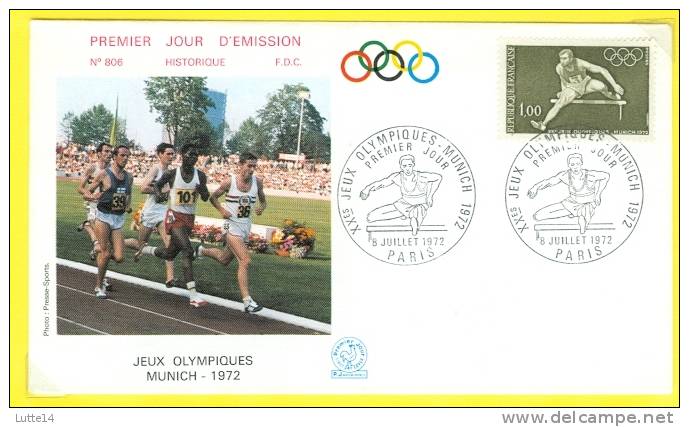 1972 Jeux Olympiques Munich - Tp 1722 Oblitération 1er Jour 08/07/1972 Paris / Athlétisme Courses De Haies - Cartas & Documentos