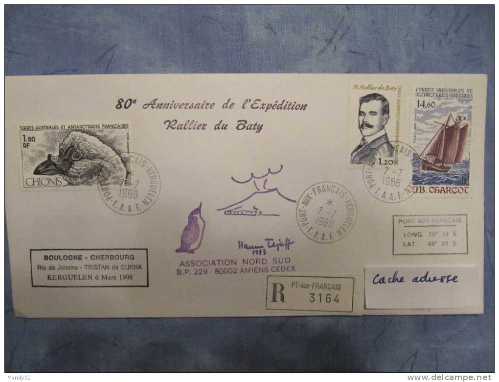 419 Volcan Haroun Tazieff Dessin Autographe Signature Recommandé Registered TAAF Amiens Boulogne Cherbourg Rio Kerguelen - Volcans