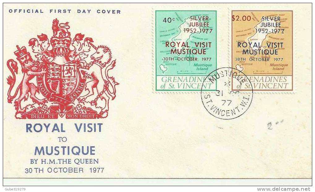 GRENADINE OF ST.VINCENT  -1977 -  FDC  ROYAL VISIT TO MUSTIQUE QE II  30 OCT 1977 WITH TWO STAMPS OVERPRINTED - St.Vincent (1979-...)