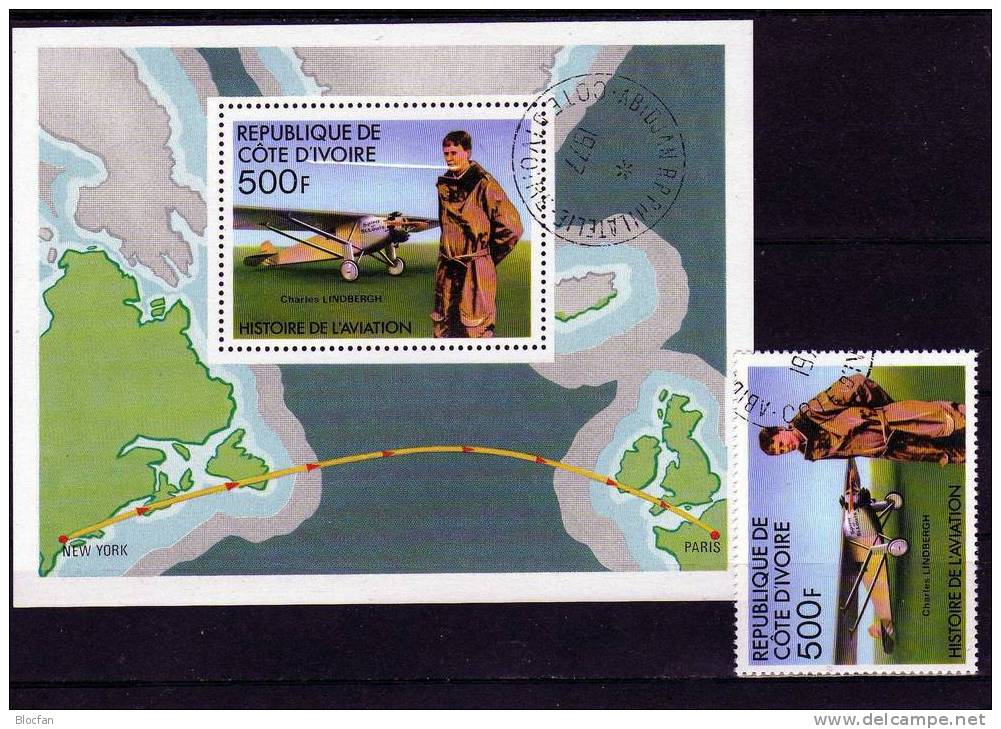Flugzeug,Luftfahrt Lindbergh Spirit Of St.Louis Elfenbeinküste 516+ Block 7 O 3€ Karte Der Ozean - Überquerung - Altri (Aria)