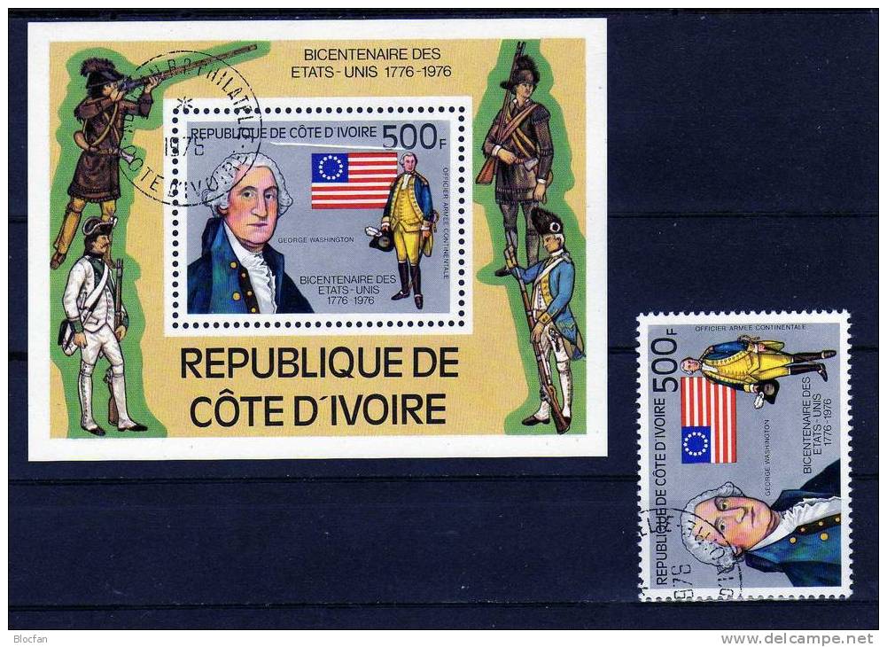 200 Jahre USA 1976 Flagge,Offizier Washington Elfenbeinküste Block 6 O 3€ Zum Jubiläum Unabhängigkeit Der USA - George Washington