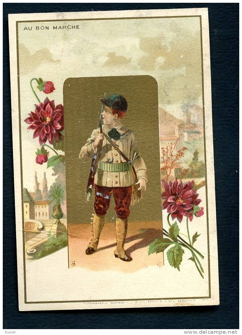 Jolie Chromo Dorée Au Bon Marché Lith. J. Minot  Thème Costumes Et Fleurs, Enfants, Chasseur, Dahlia - Au Bon Marché