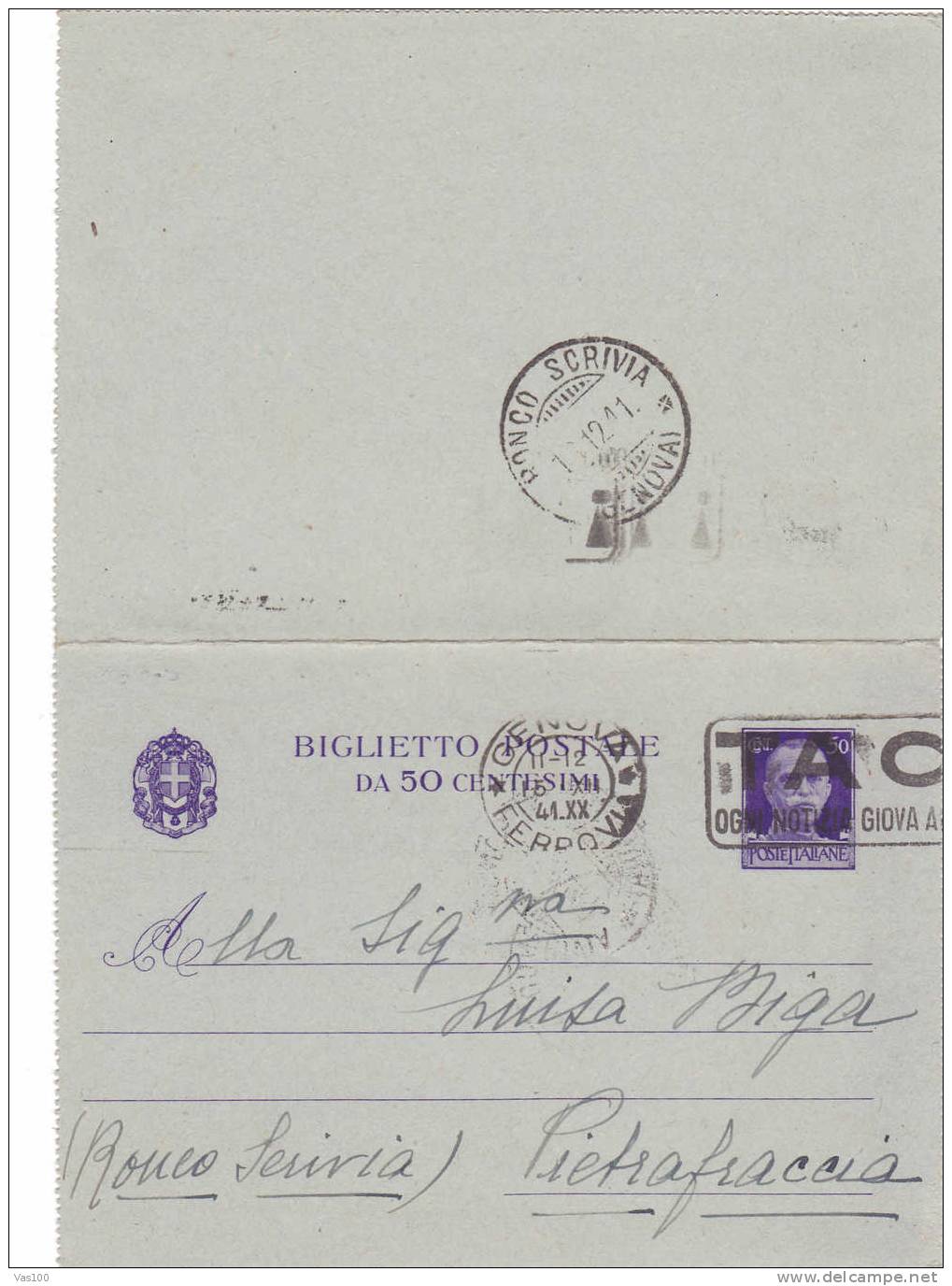 Biglietto Postale 1941,entier Postal Stationery Postcard Sent To Pietrafraccia. - Stamped Stationery