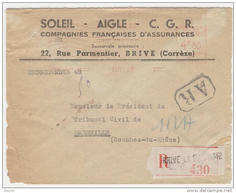 CORREZE De BRIVE LA GAILLARDE 1947 Avec EMA à 4.50F Sur Recommandé A/R - 1921-1960: Modern Period