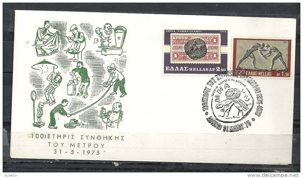 GREECE ENVELOPE   (A 0171)  100 YEARS OF TREATY OF METER -  ATHENS   31.5.75 - Postembleem & Poststempel