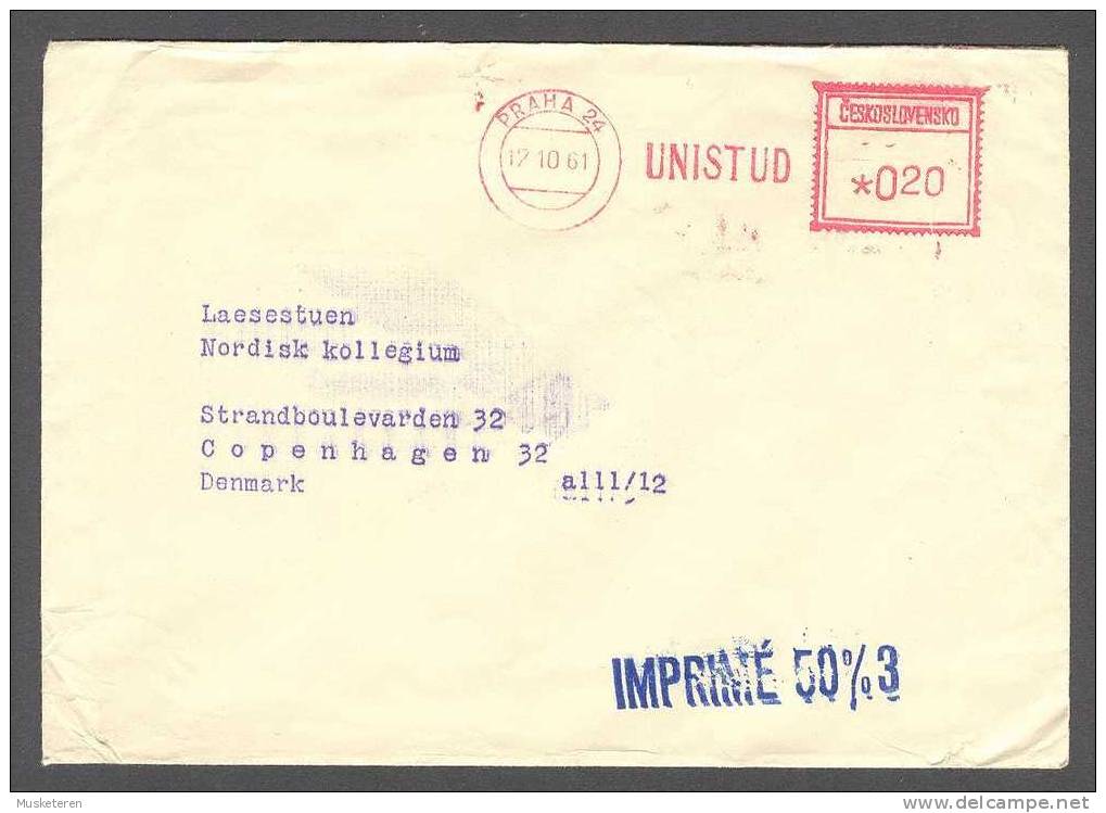 Czechoslocakia UNISTUD Praha 24 Meter Stamp Cancel Cover 1961 Purple IMPRIMÈ 50%3 To Copenhagen Denmark - Storia Postale