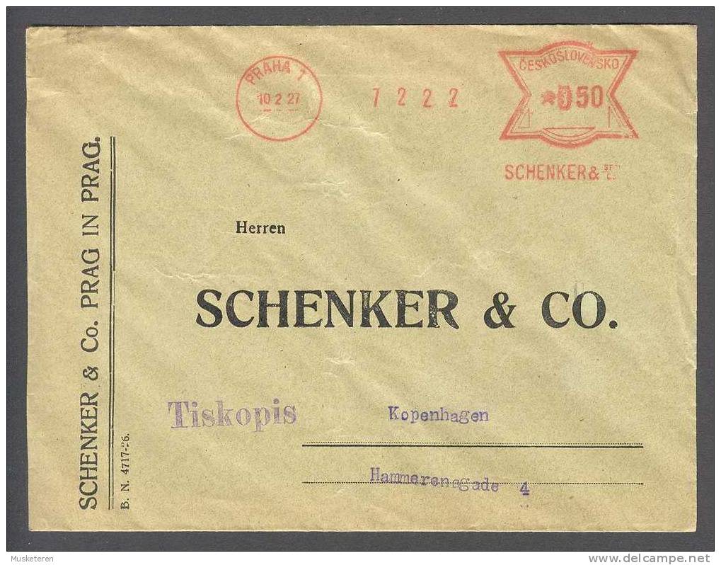 Czechoslocakia SCHENKER & CO PRAG IN PRAG Praha 1 Meter Stamp Cancel Cover 1927 Purple "TISKOPIS" Kopenhagen Denmark - Cartas & Documentos