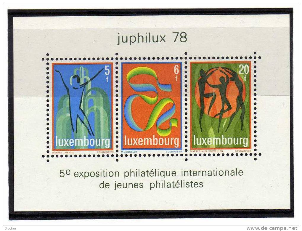 BMA JUPHILUX Kunst-Motive Luxemburg 964/6,ZD+ Block 12 ** 14€ Briefmarken - Ausstellung 1978 Jugend, Brunnen, Schlange - Blocs & Feuillets