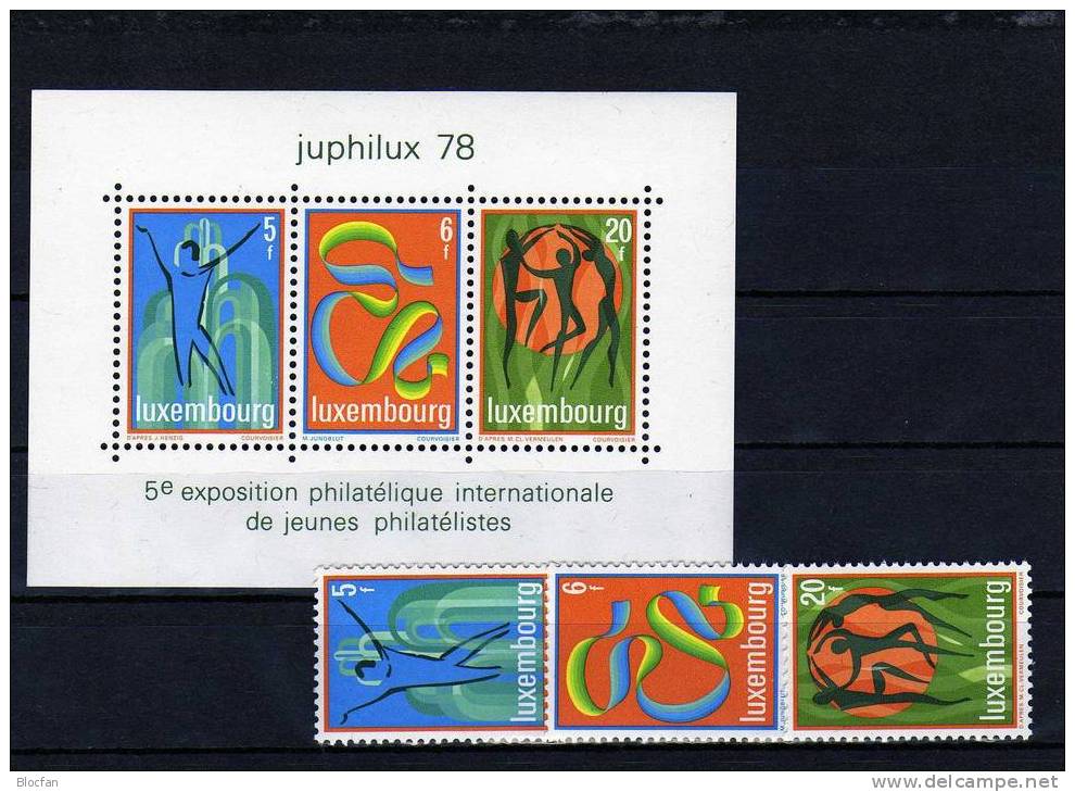 BMA JUPHILUX Kunst-Motive Luxemburg 964/6,ZD+ Block 12 ** 14€ Briefmarken - Ausstellung 1978 Jugend, Brunnen, Schlange - Blocs & Feuillets