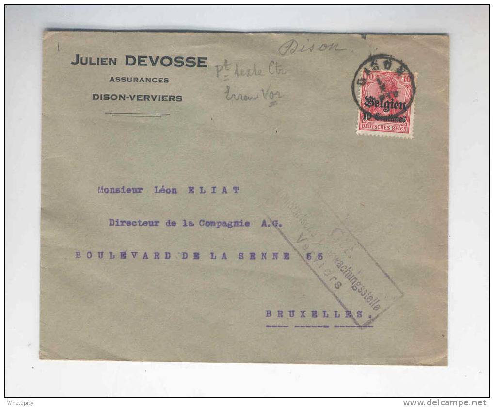 Lettre TP Germania DISON 1916 Vers BXL  - Entete Assureur Devosse  --  B6/211 - OC1/25 Generalgouvernement 