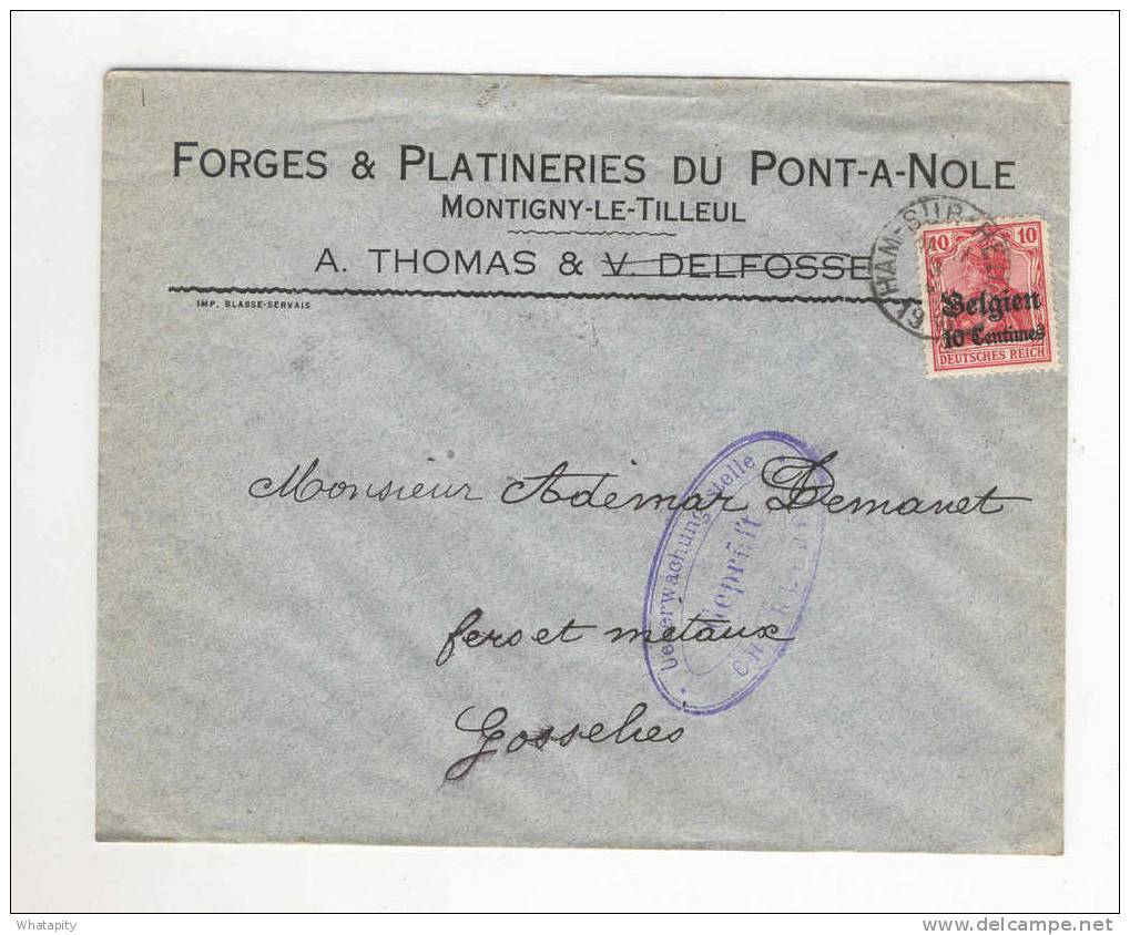 Lettre TP Germania HAM SUR HEURE 1916 - Entete Forges Et Platineries Thomas à MONTIGNY LE TILLEUL  --  B6/225 - OC1/25 Governo Generale