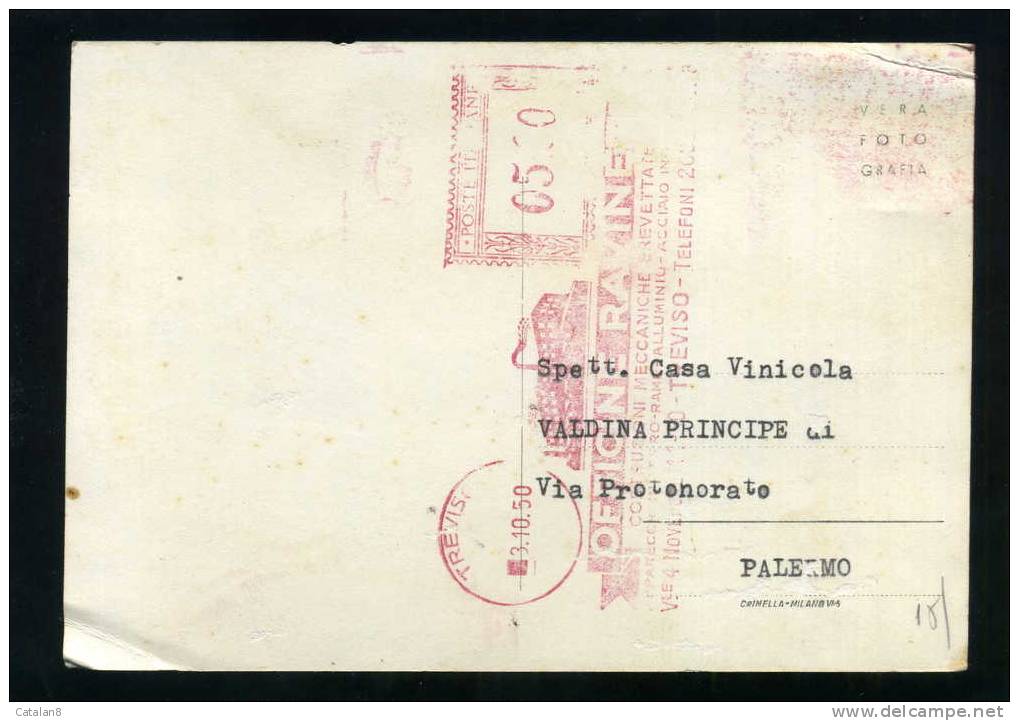 S2313 STORIA POSTALE REPUBBLICA TIMBRO MECCANICO ROSSO PUBBLICITA' OFFICINE RAVINET TREVISO - Macchine Per Obliterare (EMA)