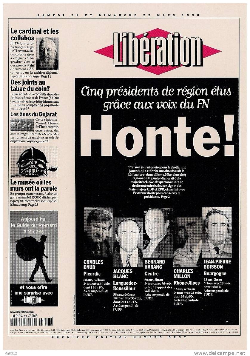 JOURNAL LIBERATION : CPM Avec La Une Du 22 Mars 1998 - Evènements