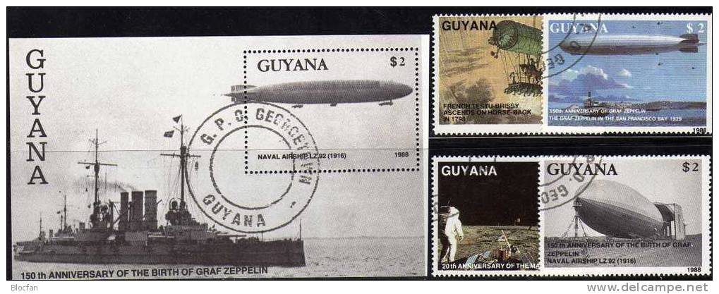 Luftschiff Graf Zeppelin 1989 GUYANA 2485/9+ Block 38 O 13€ Historie Des Flugwesen Ballonfahrt Pierre Teslu-Brissy Sheet - Guyana (1966-...)