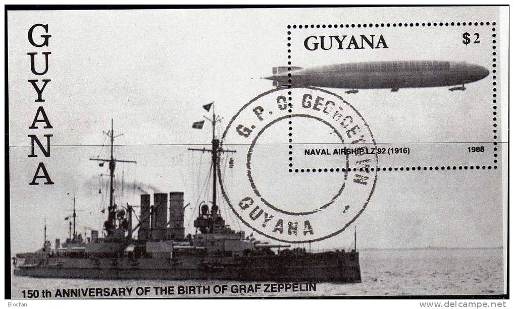 Luftschiff Graf Zeppelin 1989 GUYANA 2485/9+ Block 38 O 13€ Historie Des Flugwesen Ballonfahrt Pierre Teslu-Brissy Sheet - Guyana (1966-...)