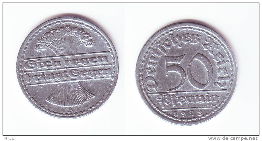 Germany 50 Pfennig 1922 A - 50 Renten- & 50 Reichspfennig