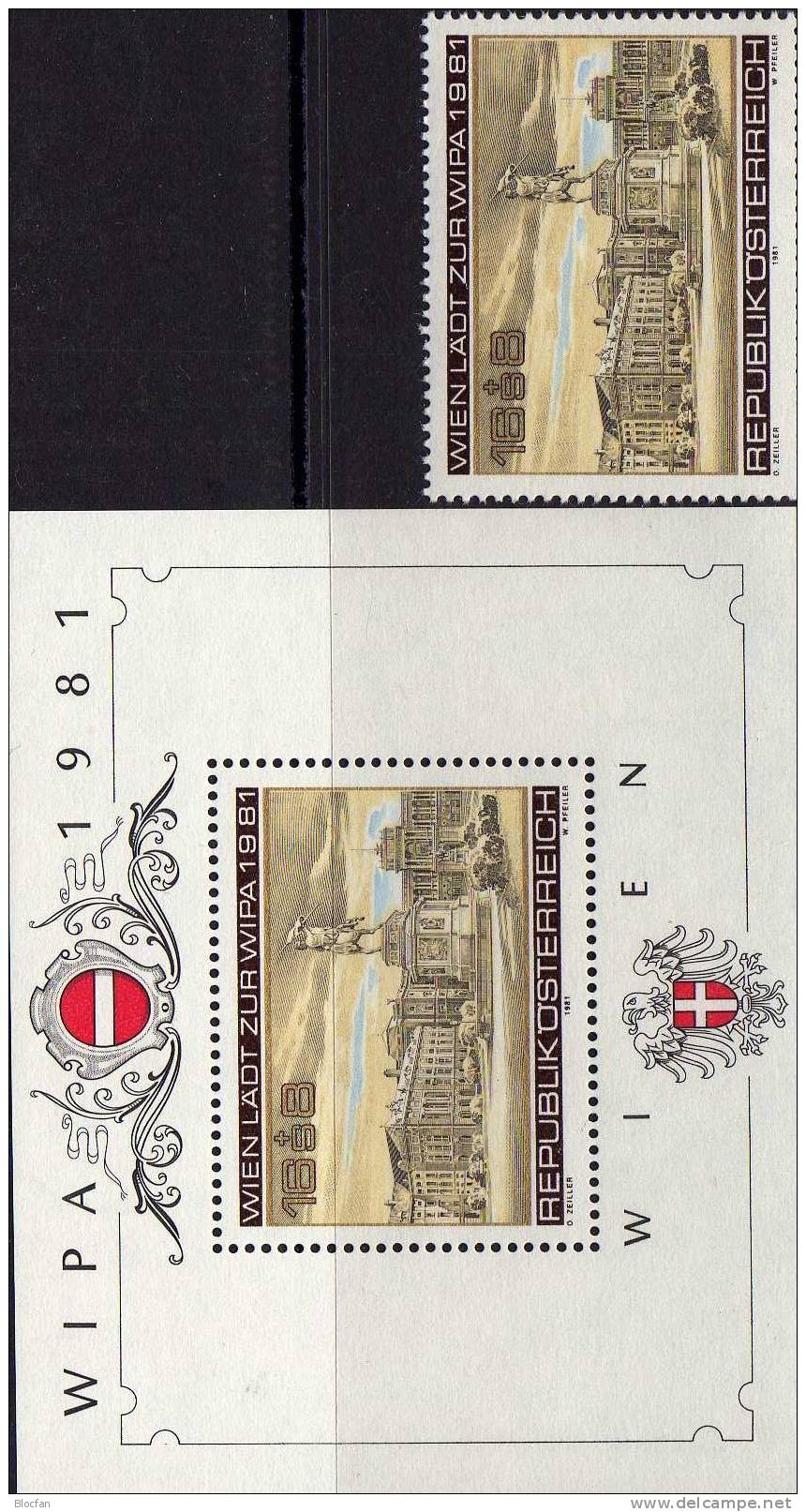 Ausstellung WIPA 1981 Österreich Block 5 + Blockmarken ** 6€ Denkmal Erzherzog Karl, Heldenplatz, Hofburg Wien - Blokken & Velletjes