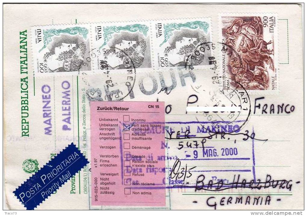 Italia - Germania - Svizzera  / Card -Cartolina "Comunicazione Per Elezioni Ad Emigrante (Restituita) - Affrancata - 1991-00: Storia Postale