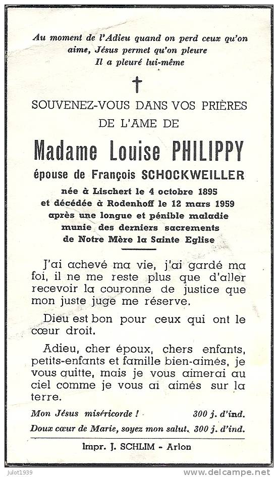 LISCHERT , 04 . 10 . 1895 ..-- RODENHOFF , 12 . 03 .1959 ..-- Louise Philippy , épouse François SCHOCKWEILLER . - Attert