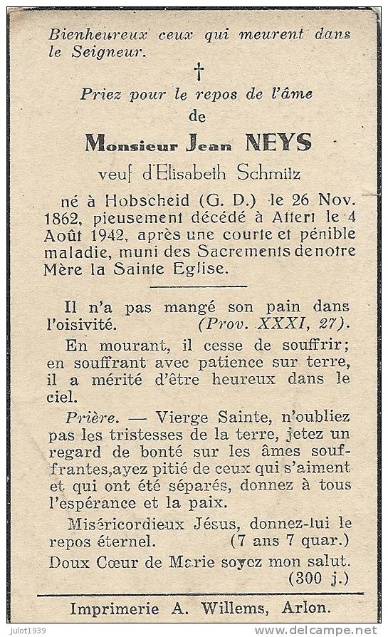 HOBSCHEID ( G.D. ) , 26 . 11 . 1862 ..-- ATTERT , 04 . 08 . 1942 ..-- Jean Neys , Veuf D ' Elisabeth Schmitz . - Attert