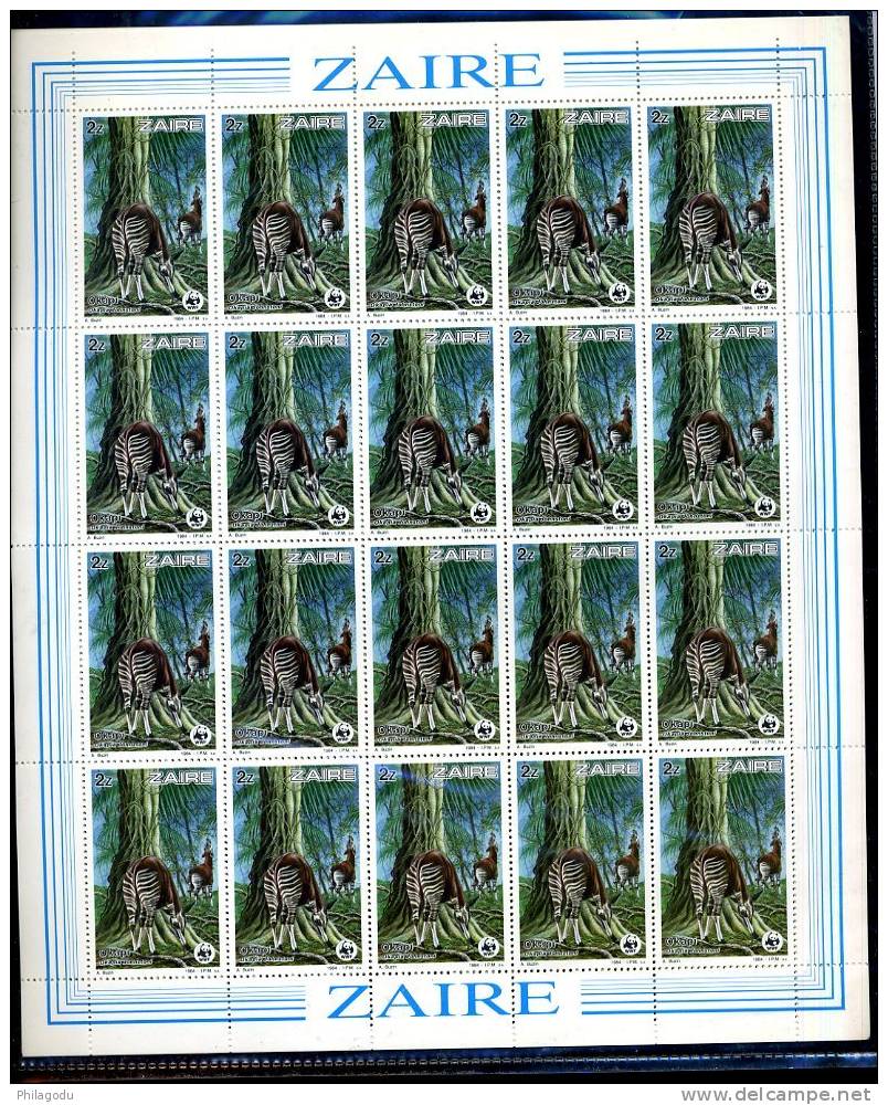 BUZIN  Okapis ZAIRE  1984  WWF  1253/1256** Feuille Complètes De 20 X 12E - Unused Stamps