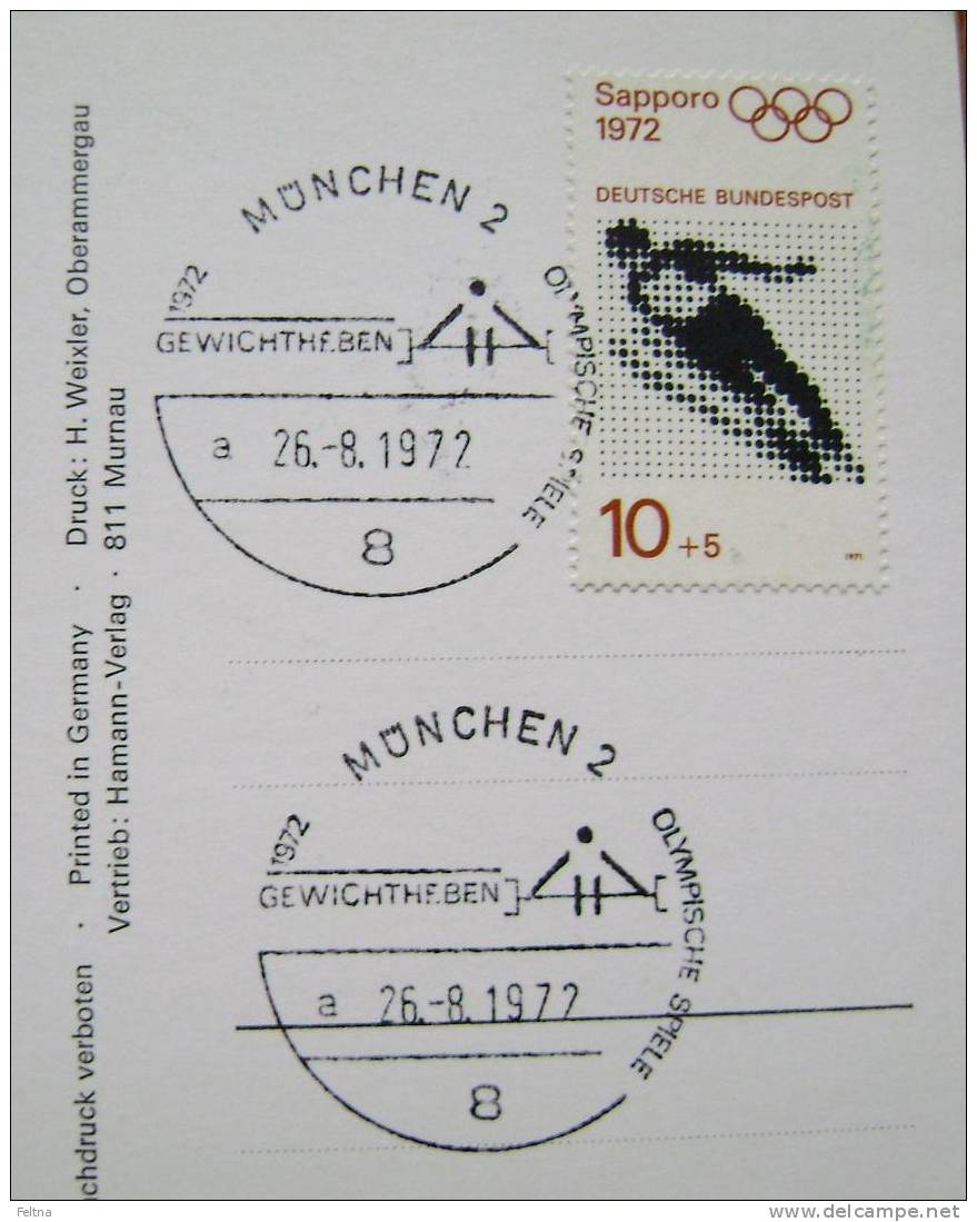 1972 GERMANY CARD OFFICIAL POSTER OLYMPIC GAMES MUNICH WEIGHTLIFTING WITH CANCELATION ON BACK SIDE - Halterofilia