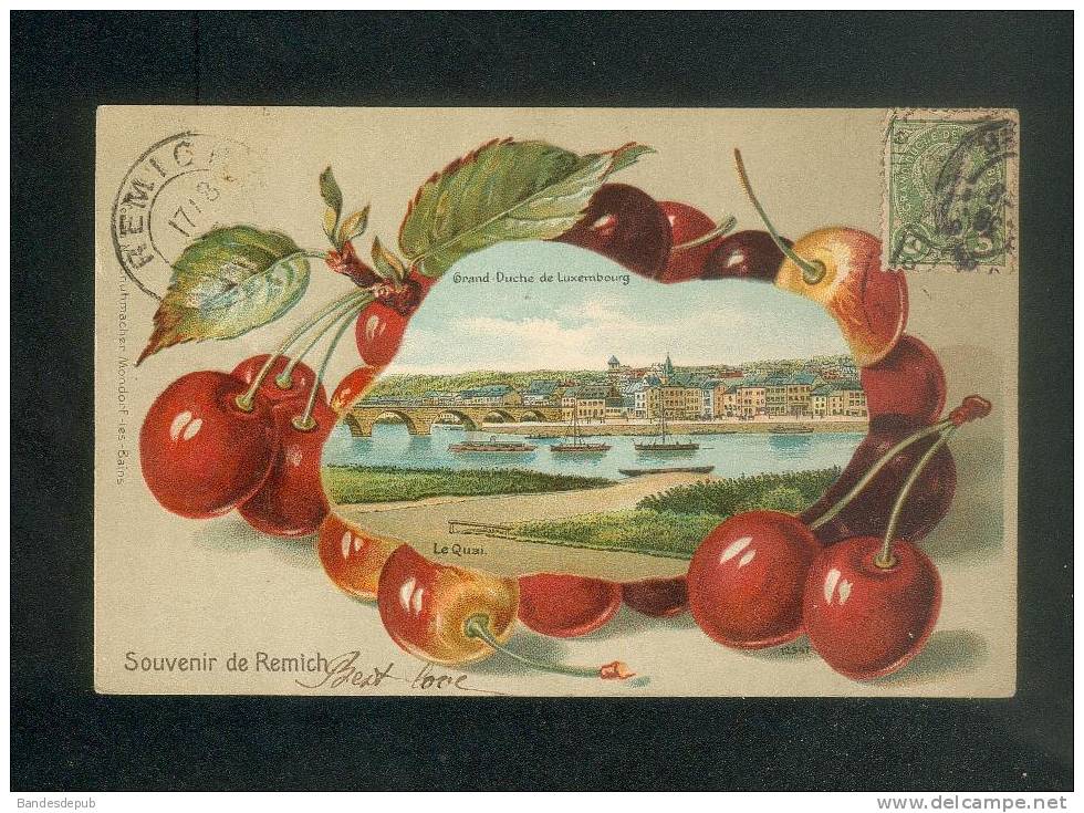 Luxembourg - Souvenir De REMICH - Le Quai ( Gaufrée Cerises Chromo Lithographie Schuhmacher Mondorf Les Bains - Remich