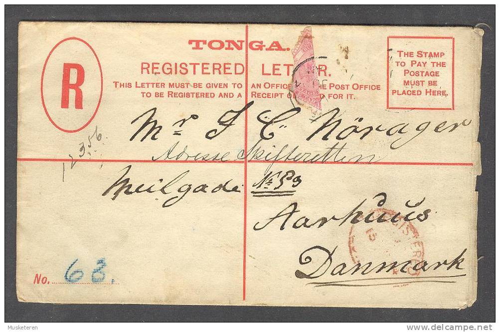 Tonga 1894 Registered Cover No. 63 To Aarhus Denmark - Bisected Stamp - VERY SCARCE COVER & Destination !! (2 Scans) - Tonga (...-1970)