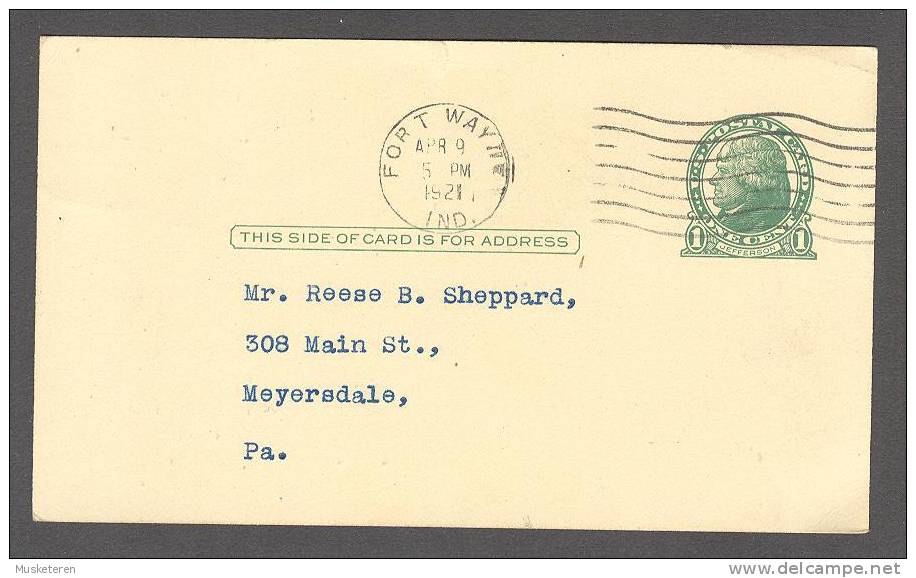 United States Postal Stationery Ganzsache Entier 1 C Jefferson FORT WAYNE Ind. 1921 To Meyersdale Pa. - 1921-40