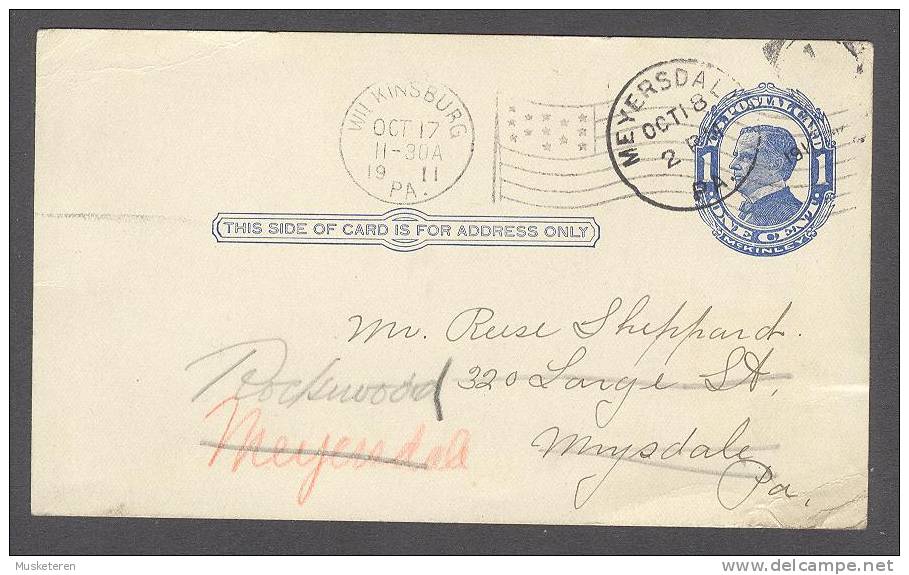 United States Postal Stationery Ganzsache Entier 1 C McKinley WILKINSBURG Pa. 1911 To Meyersdale Pa. Readressed Rockwood - 1901-20