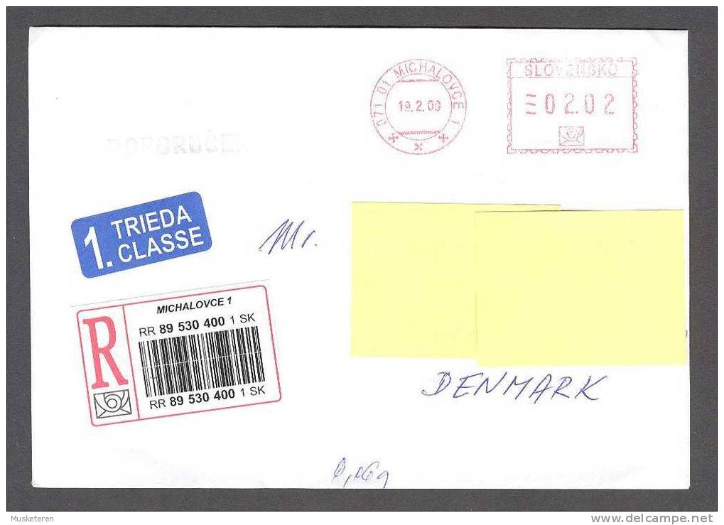 Slovakia 1. Trieda Classe Registered Recommandé Einschreiben Label MICHALOVCE 2009 Meter Stamp Cancel Cover To Denmark - Brieven En Documenten