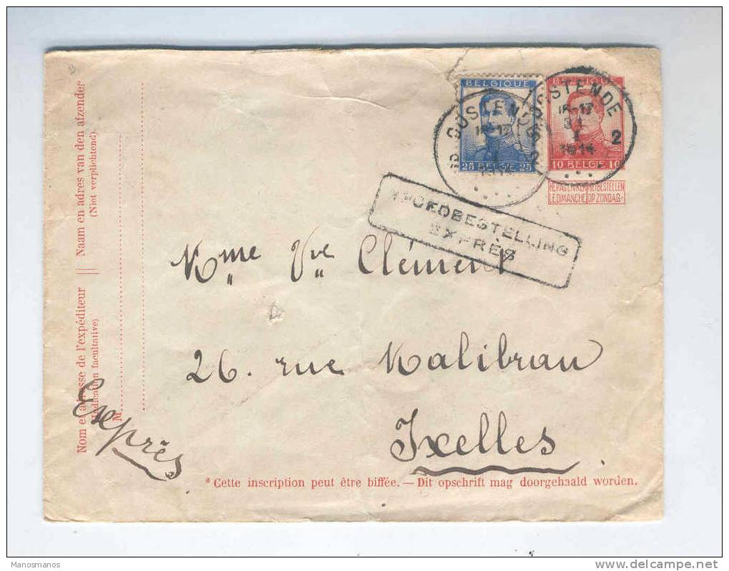 230/16 -  Entier Postal Enveloppe Pellens 10 C  + TP Pellens 25 C En EXPRES OSTENDE 1914 Vers IXELLES - Covers